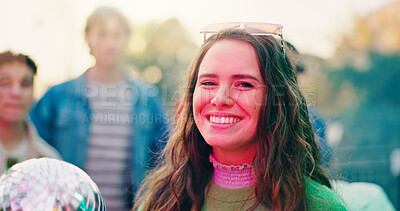 Buy stock photo Portrait, friends and woman with disco ball at party, outdoor social event and get together for reunion. Neon lights, smile and person with group for weekend bonding, rave concert and summer festival