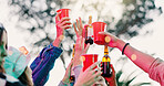 Celebration, toast or hands in backyard with drinks, reunion or bonding together at friendship event. Gen z, below or people at house with cups, birthday party or alcohol cheers in social gathering.