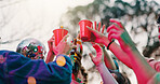 Celebration, toast or hands outdoor with alcohol, reunion or bonding together at friendship event. Gen z, below or people in park with cups, birthday party or drinks cheers in social gathering.