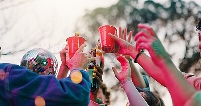 Buy stock photo Celebration, toast or hands outdoor with alcohol, reunion or bonding together at friendship event. Gen z, below or people in park with cups, birthday party or drinks cheers in social gathering.