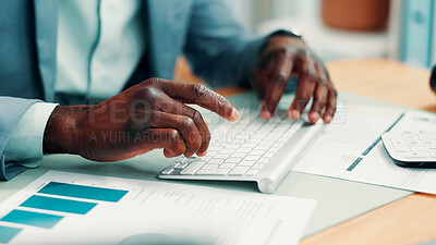 Buy stock photo Hands, typing and computer with graphs at office for review, insight and report at investment company. Person, broker or financial advisor with pc for charts, statistics and documents at agency