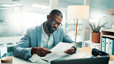 Buy stock photo Black man, documents and report with computer at office with glasses, review or perspective at investment company. African person, broker and insight with notes, admin and budget at finance agency