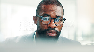 Buy stock photo Finance, laptop and reading with business black man in office for accounting or investment. Computer, glasses and reflection with African accountant in financial workplace for review of data charts