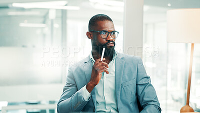 Buy stock photo Computer, decision and finance with business black man in office for accounting or investment. PC, reading and thinking with African accountant in financial workplace for review or wealth management
