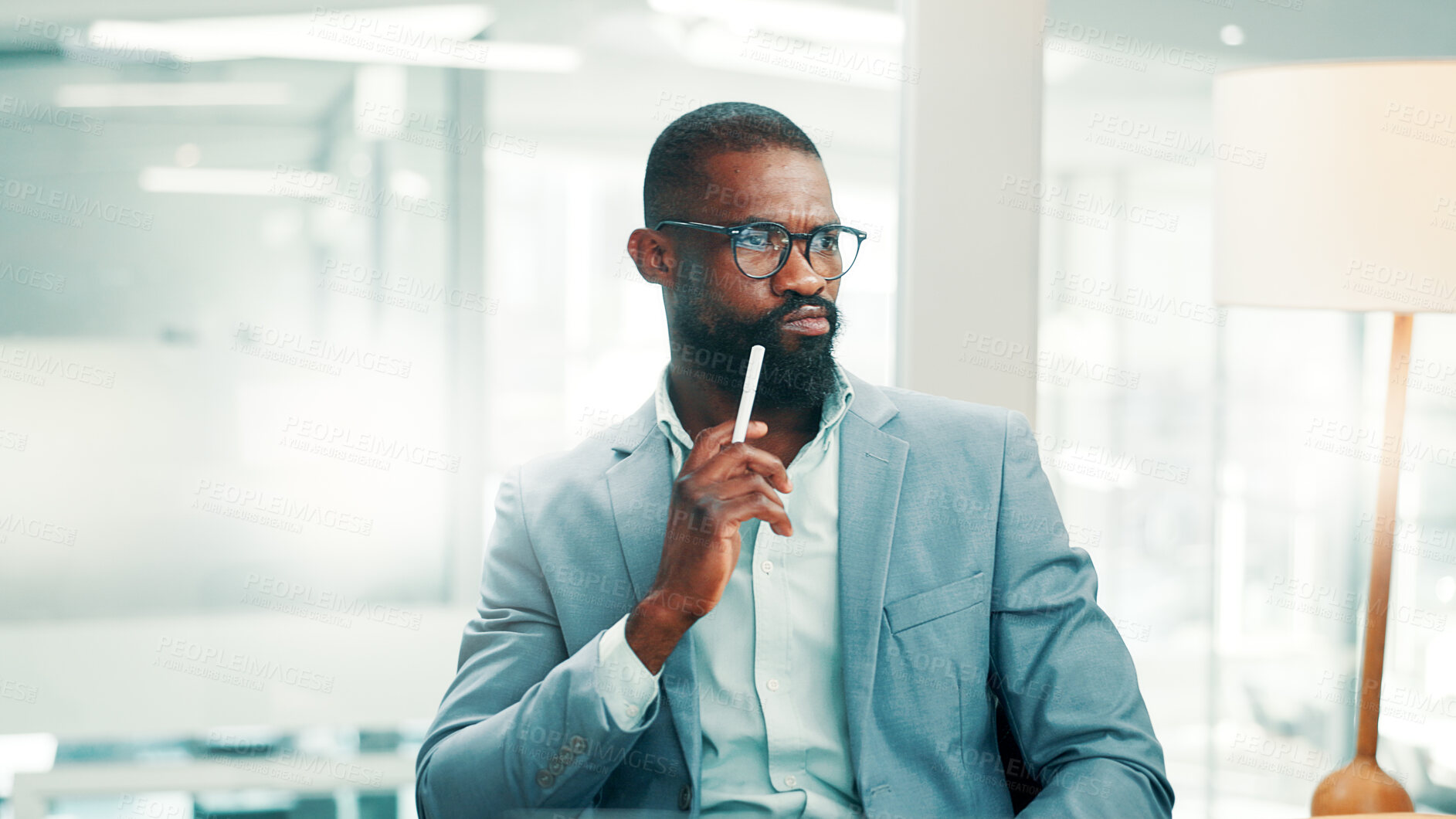 Buy stock photo Computer, decision and finance with business black man in office for accounting or investment. PC, reading and thinking with African accountant in financial workplace for review or wealth management