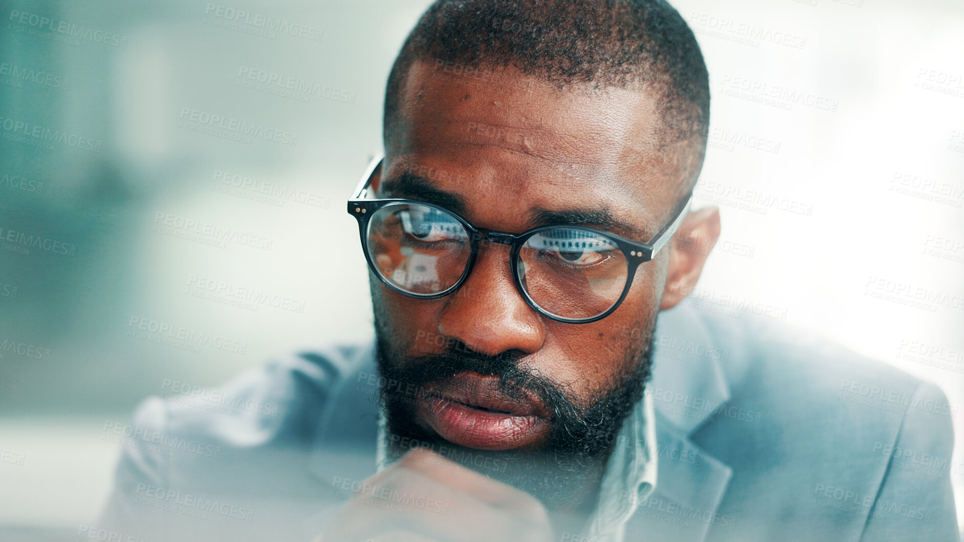 Buy stock photo Glasses, reading or business man in office, expenses research or budget planning for money management. Tech reflection, spending report or African advisor with finance record audit, review or eyewear