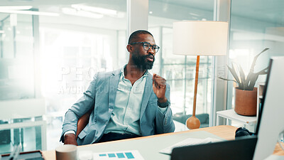 Buy stock photo Black man, thinking and office with decision for business improvement, performance or growth. Thoughtful, businessman and contemplating with choice in workplace for company proposal, strategy or idea