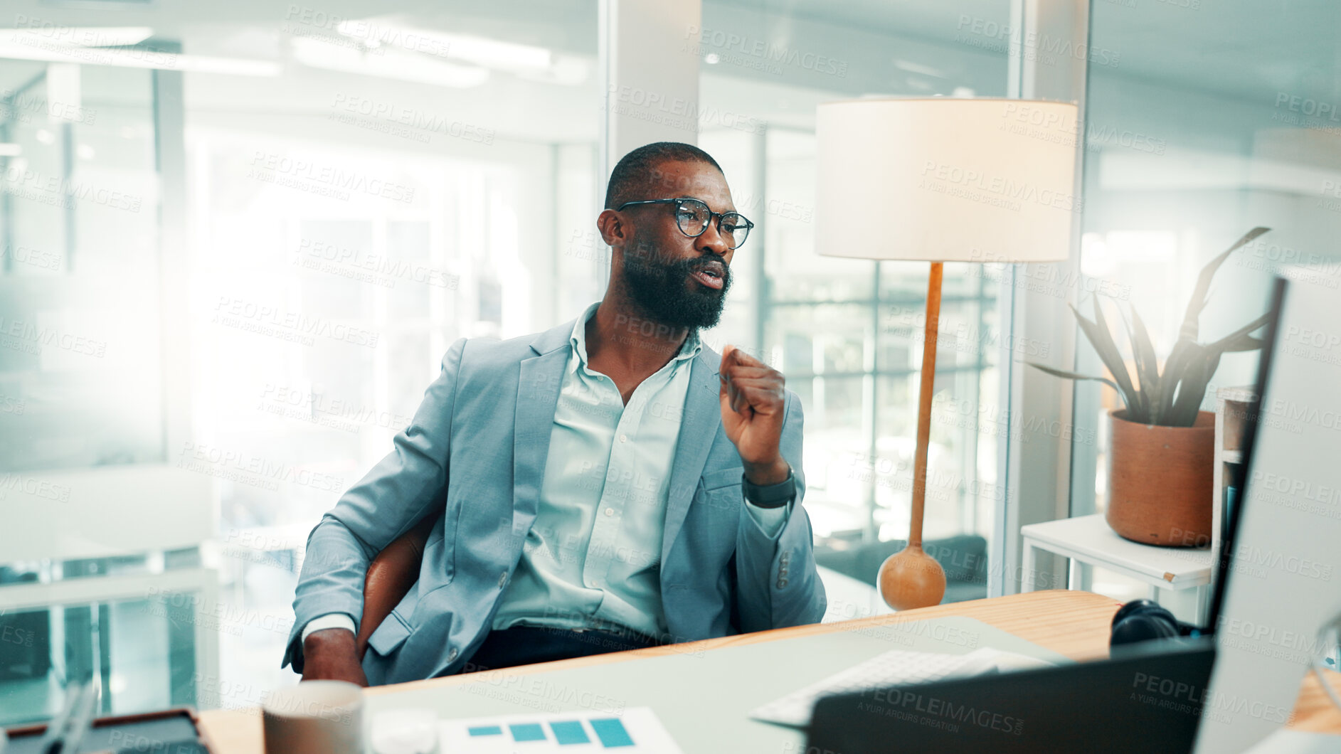 Buy stock photo Black man, thinking and office with decision for business improvement, performance or growth. Thoughtful, businessman and contemplating with choice in workplace for company proposal, strategy or idea
