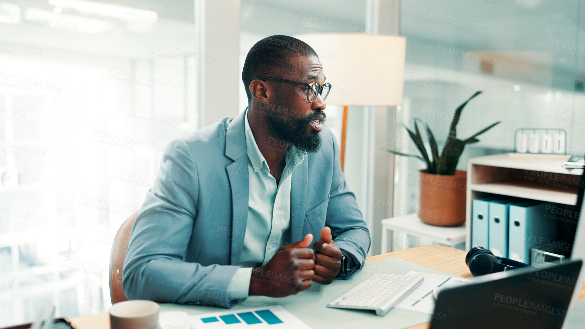 Buy stock photo Black man, thinking and decision with review at office with glasses, graphs or documents at investment company. African person, broker and perspective with charts, paperwork and pc at finance agency