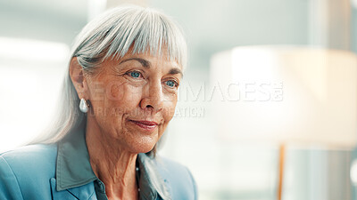 Buy stock photo Reflection, idea and business woman in office for planning, finance or investment for project. Problem solving, reading and mature financial manager with choice for career development or opportunity