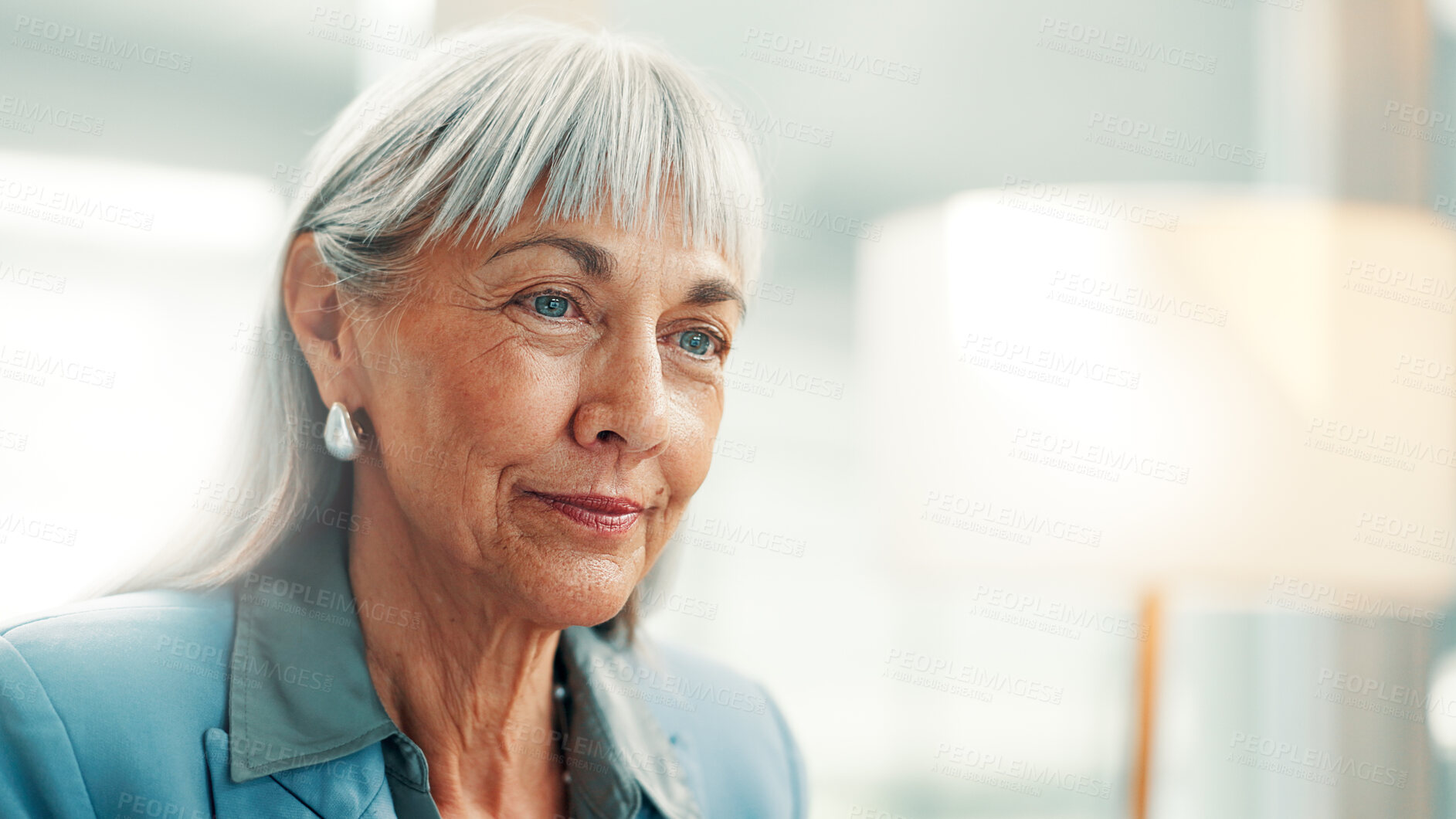 Buy stock photo Reflection, idea and business woman in office for planning, finance or investment for project. Problem solving, reading and mature financial manager with choice for career development or opportunity