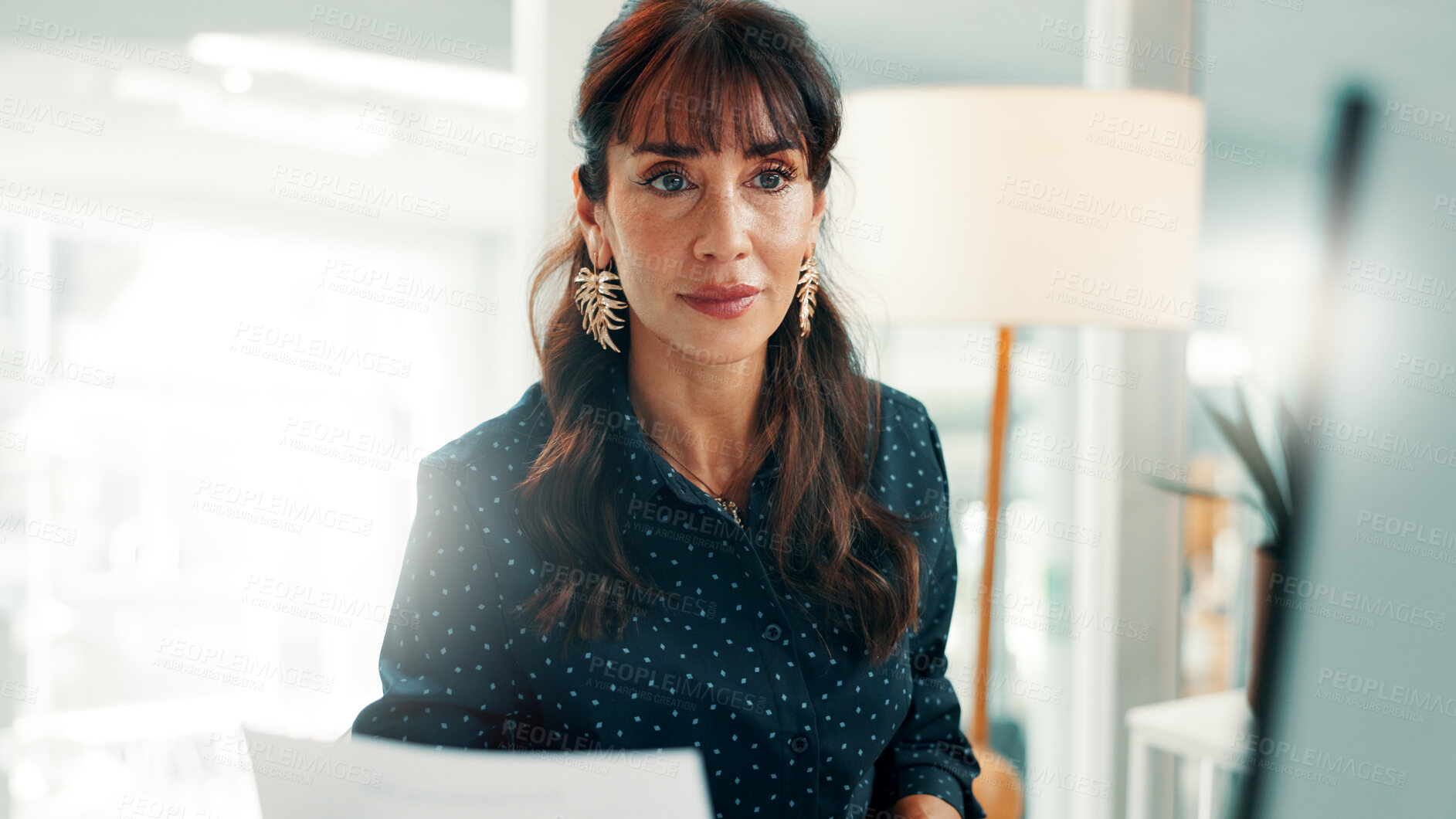 Buy stock photo Computer, reading or woman with paper in office, company expenses or budget audit for money management. Pc, spending report or mature accountant with finance record for planning, review or evaluation
