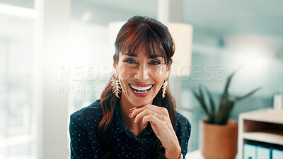 Buy stock photo Portrait, advisor or woman in agency with smile, pride or ambition in accounting services. Happy, professional or mature finance consultant with confidence, about us or experience in risk management.