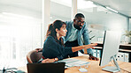 Discussion, meeting and business people in office with computer, finance or investment for project. Problem solving, advice and financial manager with employee for career development or opportunity