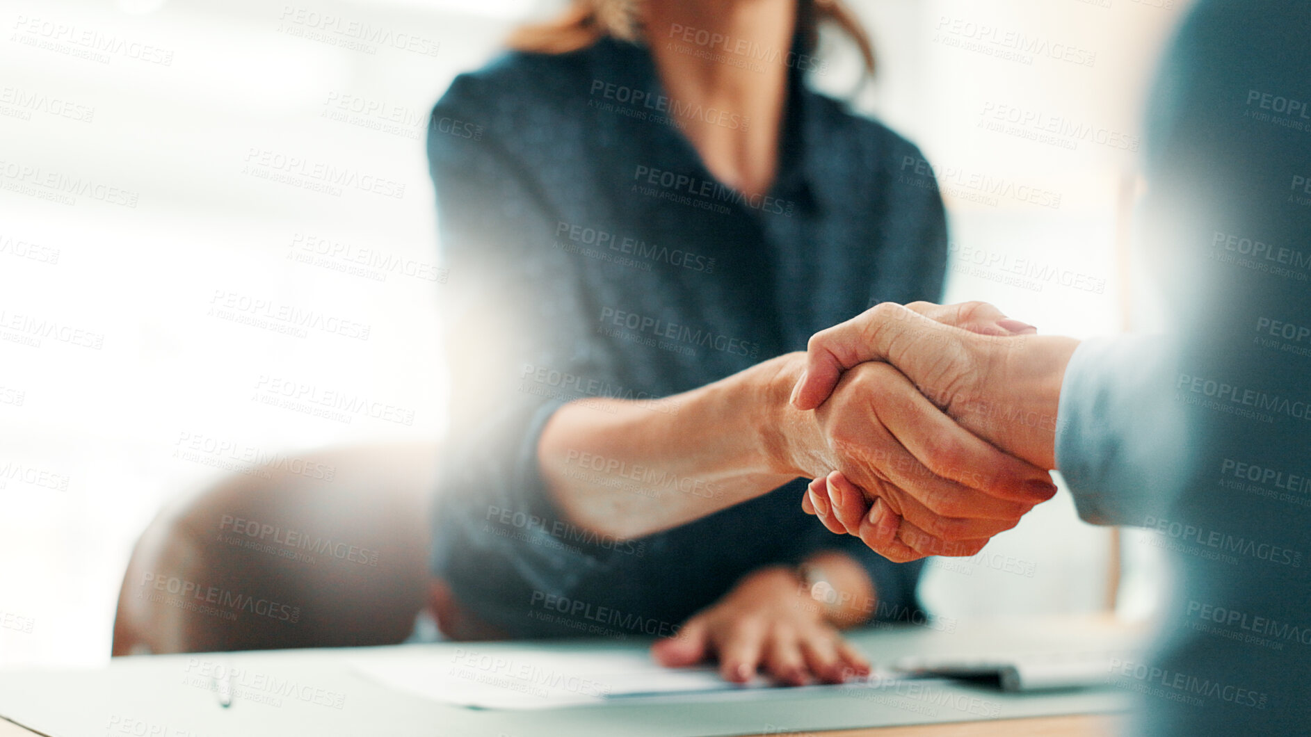 Buy stock photo Handshake, deal and business people in office with partnership, contract or finance agreement. Meeting, welcome and financial advisor shaking hands with investor for investment negotiation at agency.