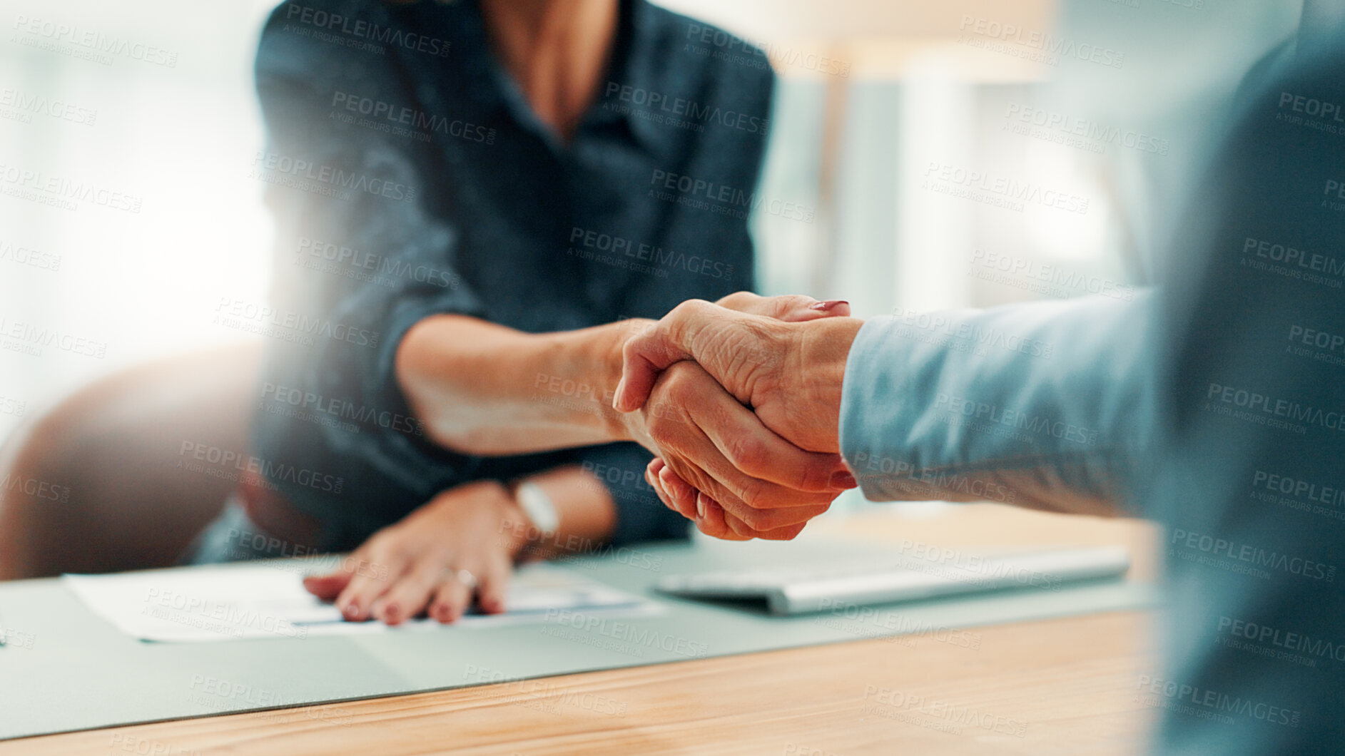 Buy stock photo Handshake, deal and business people in office with agreement, contract or finance partnership. Meeting, welcome and financial advisor shaking hands with investor for investment negotiation at agency.
