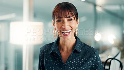 Buy stock photo Business, happy and portrait of woman in office for financial consultant, about us and finance career. Corporate, smile and person with bokeh with confidence, pride and ambition as investment advisor