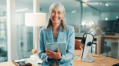Buy stock photo Portrait, advisor or woman in office with tablet, pride or ambition in accounting services. Happy, confidence or mature finance consultant with tech, about us or experience in risk management.