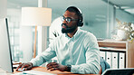 Telemarketing, computer and man with headset, office and discussion with contact for lead generation. Call center, consultant and black person with mic for communication, online and sales with tech