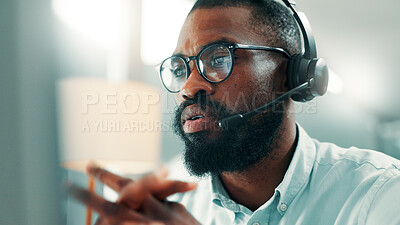 Buy stock photo Call center, headset and black man in office with consultation, crm or contact us online. Glasses, mic and African male technical support consultant with customer service or helpdesk in workplace.