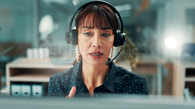 Buy stock photo Woman, consultant and discussion with headset for customer service or virtual assistance in office. Business, woman or agent talking with mic for communication, web help or support in call center