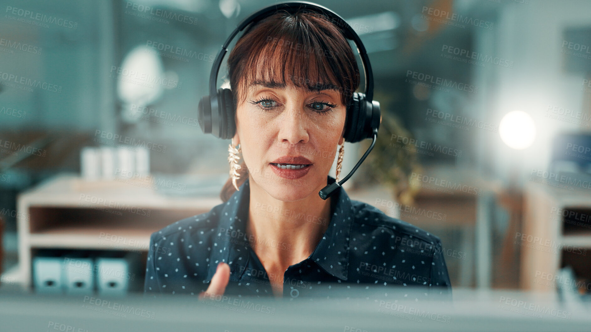 Buy stock photo Woman, consultant and discussion with headset for customer service or virtual assistance in office. Business, woman or agent talking with mic for communication, web help or support in call center