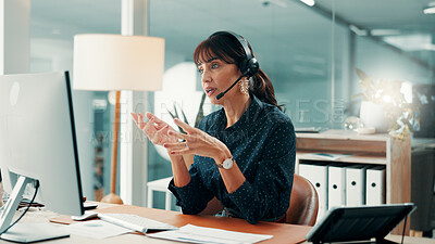Buy stock photo Woman, consultant and headset with computer in office for online advice or virtual assistance. Female person, agent or employee with mic for communication, discussion or conversation in call center
