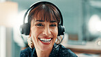 Happy woman, portrait and consultant with headset for customer service or virtual assistance. Female person, employee or agent with smile, mic or communication for web help or support in call center