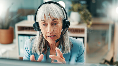 Buy stock photo Mature, woman and consultant with headset in call center for customer service or virtual assistance. Female person, agent or talking with mic for web support, online help or communication in office