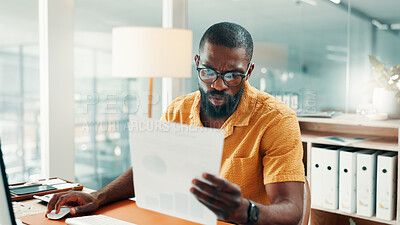 Buy stock photo Creative agency, reading and black man in office, documents for sales report and charts for revenue. African person, employee and professional with paperwork, planning and review for profit growth