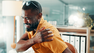 Buy stock photo Creative agency, shoulder pain and black man in office, tired and stress for muscle tension. African person, burnout and journalist in workplace, bad posture and stretching for join injury or massage
