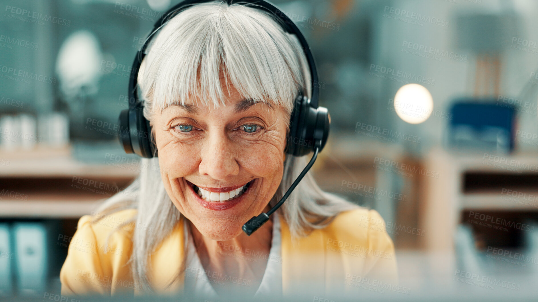 Buy stock photo Office, consultant and mature woman with headset, happy and discussion with contact or telemarketing. Call center, agent and person with mic for communication, lead generation and sales with tech