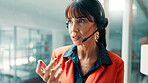 Office, consultant and woman with headset, serious and communication with contact and telemarketing. Call center, agent and mature person with mic for chat, sales and lead generation with technology