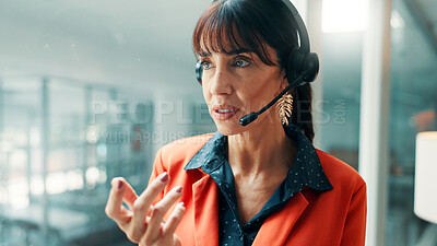 Buy stock photo Office, consultant and woman with headset, serious and communication with contact and telemarketing. Call center, agent and mature person with mic for chat, sales and lead generation with technology