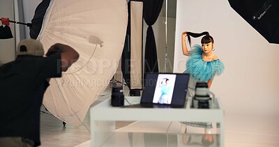 Buy stock photo Laptop screen, photoshoot and woman in studio, production and photography project for digital art. Creative agency, people and computer for visual software, equipment and capture picture for magazine