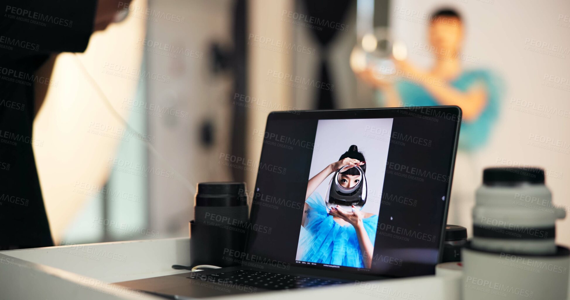 Buy stock photo Laptop screen, photoshoot and woman in studio, talent and photography project for digital art. Creative agency, people and computer for visual software, equipment and capture picture for production