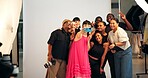 Memories, photography and selfie of model with production crew on set for bonding or picture. Art, behind the scenes and film with happy creative team in studio for social media post or update