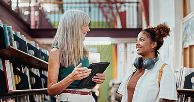 Buy stock photo Women, college student and librarian on tablet with talk for books, guide and help for search at campus. People, smile and girl with tech, application or scholarship with education at university