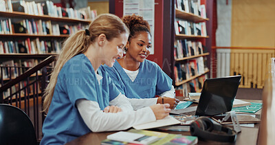 Buy stock photo Girl, medical student and friends with laptop at library for research, writing and brainstorming at campus. People, healthcare scholarship and computer with books, discussion and notes at university