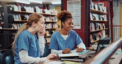 Buy stock photo Women, medical students and happy with laptop at library for test results, solution and project at campus. Girl, healthcare scholarship and computer with smile, discussion and feedback at university