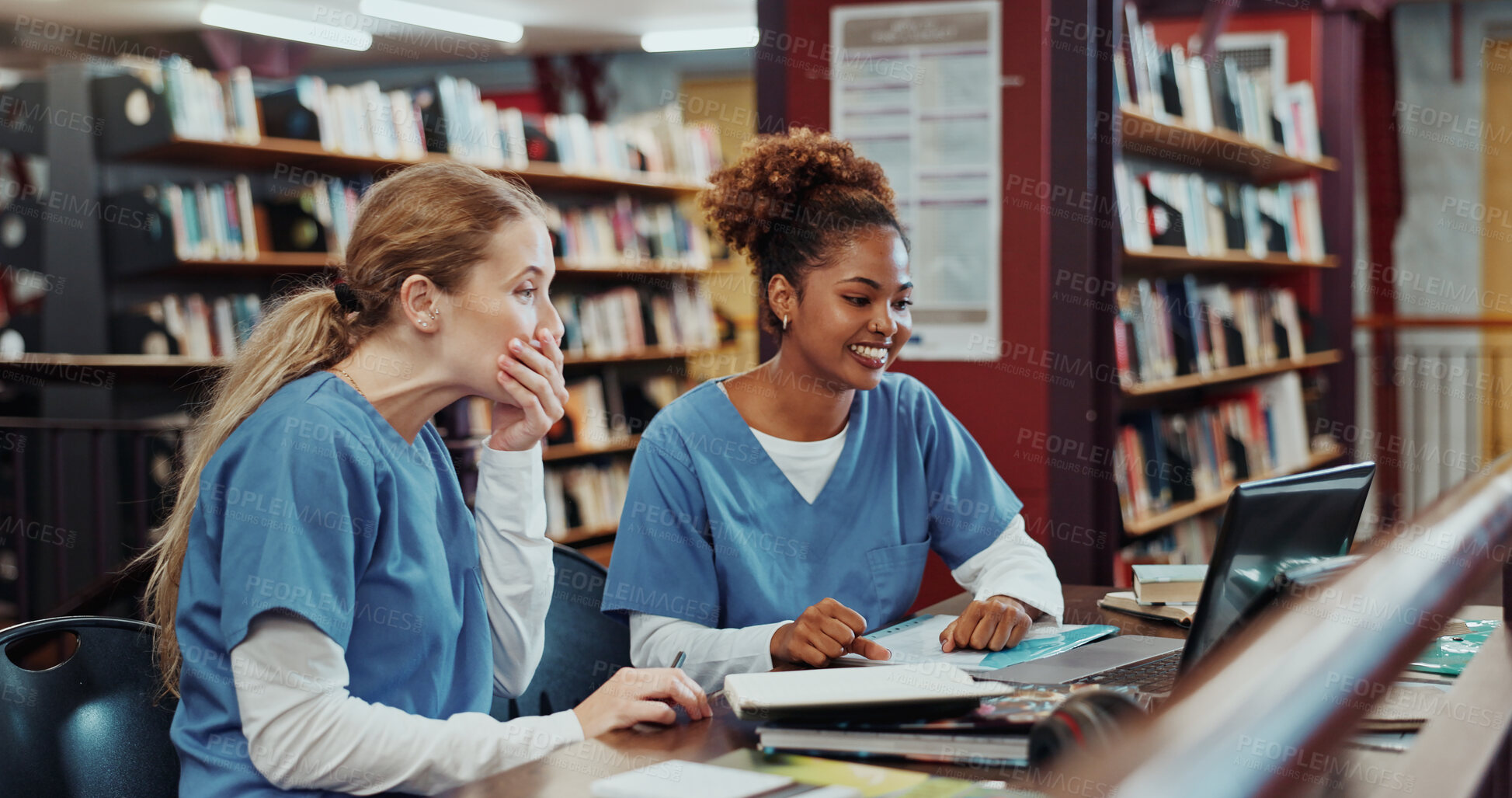 Buy stock photo Women, medical students and happy with laptop at library for test results, solution and project at campus. Girl, healthcare scholarship and computer with smile, discussion and feedback at university