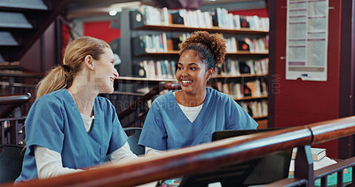 Buy stock photo Women, medical students and planning with laptop at library for review, solution and project at campus. Girl, healthcare scholarship and computer with smile, discussion and feedback at university