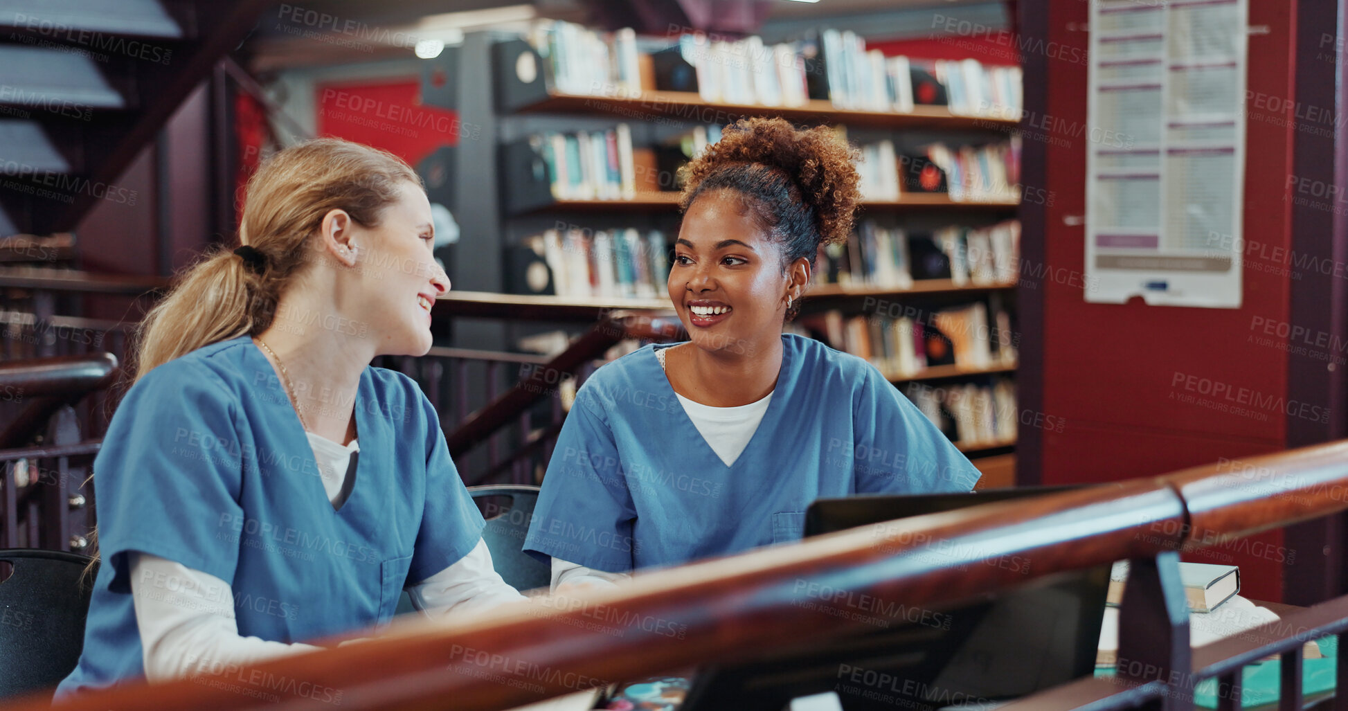 Buy stock photo Women, medical students and planning with laptop at library for review, solution and project at campus. Girl, healthcare scholarship and computer with smile, discussion and feedback at university