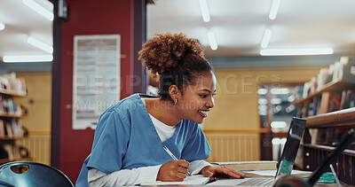 Buy stock photo Laptop, woman and medical student in library with research, taking notes or study for biology exam. Person, reading and notebook in college with computer, learning or higher education for healthcare.