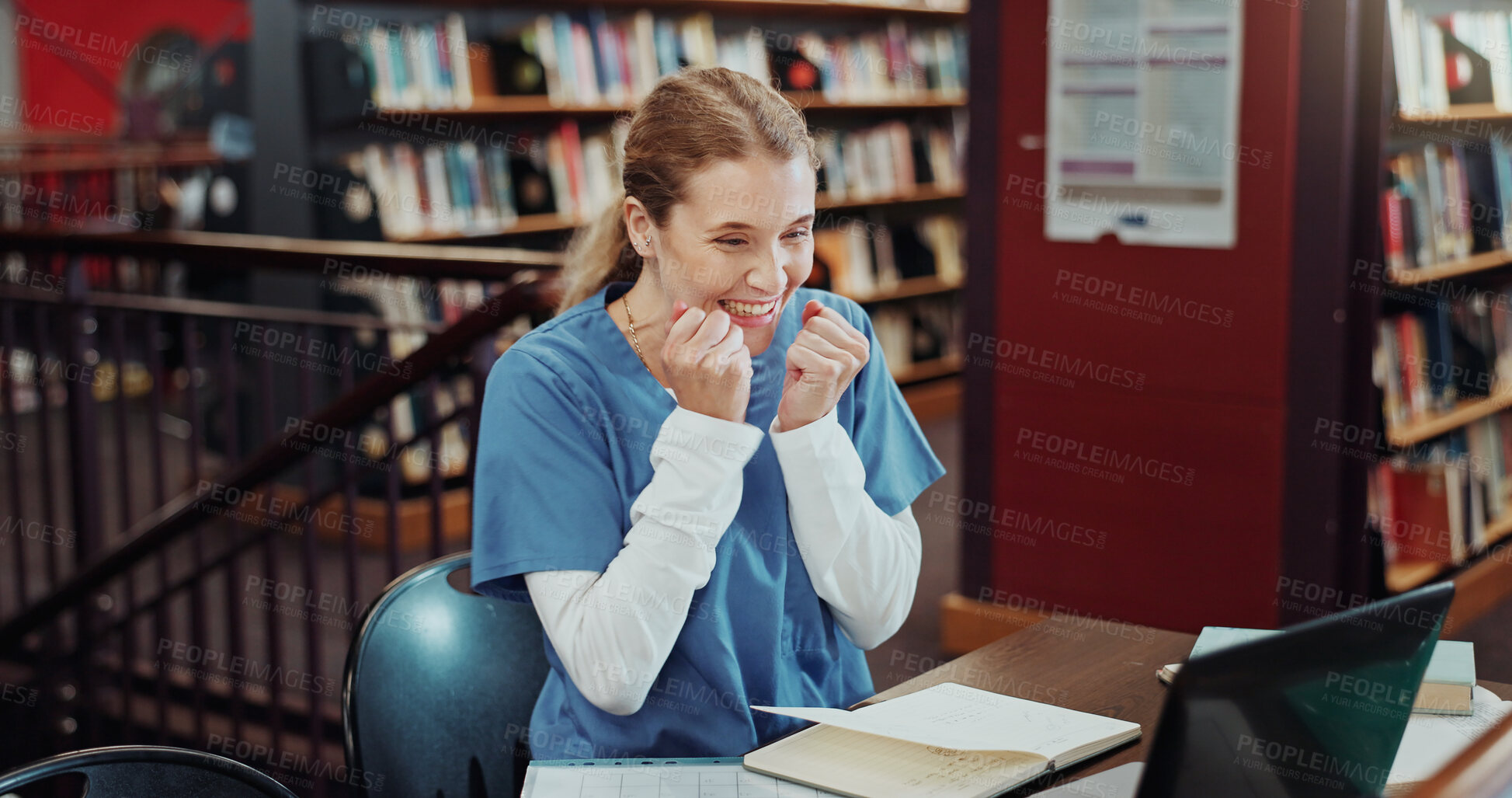 Buy stock photo Happy woman, nurse or library with laptop for good news, winning or internship acceptance. Female person, student or medical resident with smile, fist pump or computer for health research or results