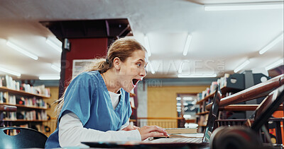 Buy stock photo Excited, laptop and learning with medical student in library for internship or residency success. Computer, education and good news with girl on university campus for healthcare study or reaction