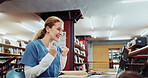 Happy woman, nurse or internship with laptop for good news, winning or intern acceptance in library. Female person, student or medical resident with smile, fist pump or computer for health research