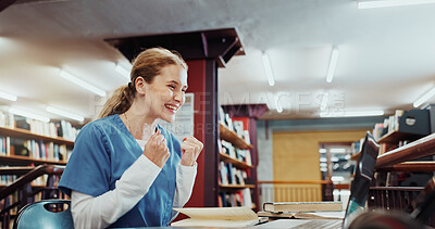 Buy stock photo Happy woman, nurse or library with laptop for good news, winning or intern acceptance. Female person, student or medical resident with smile, fist pump or computer for scholarship or celebration