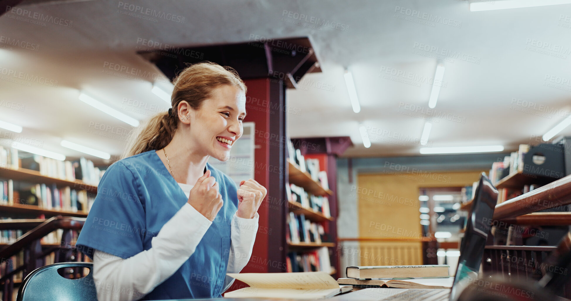 Buy stock photo Happy woman, nurse or library with laptop for good news, winning or intern acceptance. Female person, student or medical resident with smile, fist pump or computer for scholarship or celebration