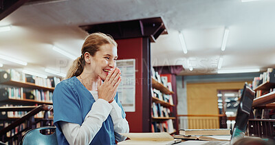 Buy stock photo Education, laptop and smile with medical student in library for internship or residency success. Computer, good news and reaction with happy girl on university campus for healthcare study or learning